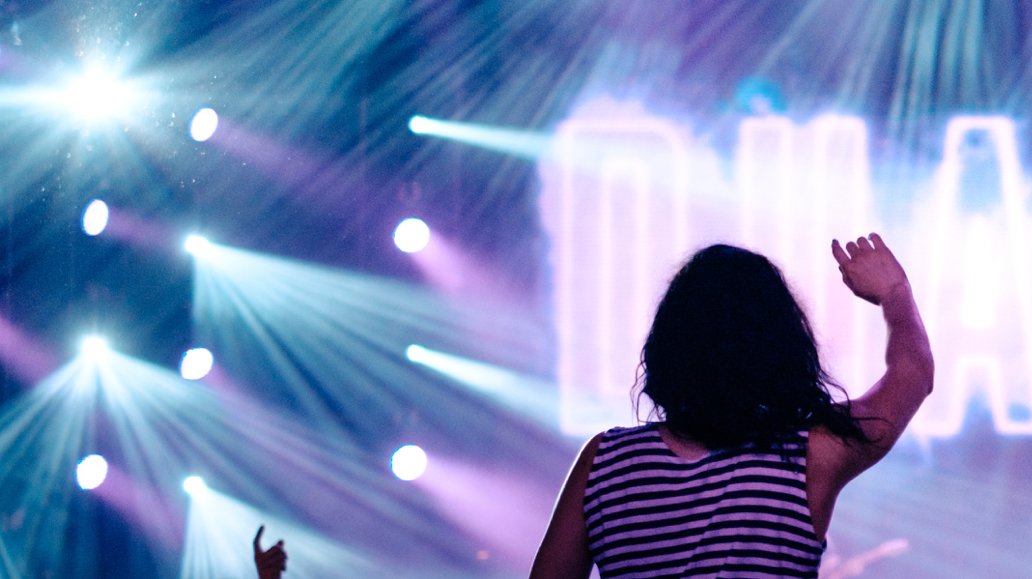 Spotlights shining on the audience and a woman raising her arm during a Bees Knees concert.