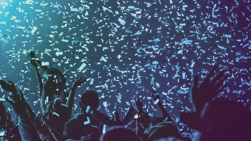 Confetti showers the audience at a Bees Knees concert.